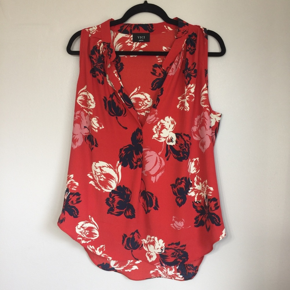 VICI | Red Floral Sleeveless V Neck Top